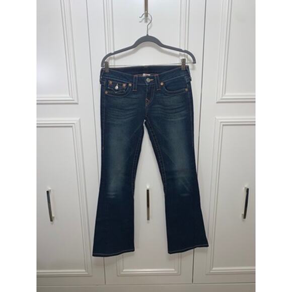 True Religion Women's Flare Jeans Size 27‎ Blue Low Rise Thick Stitching - Picture 1 of 10